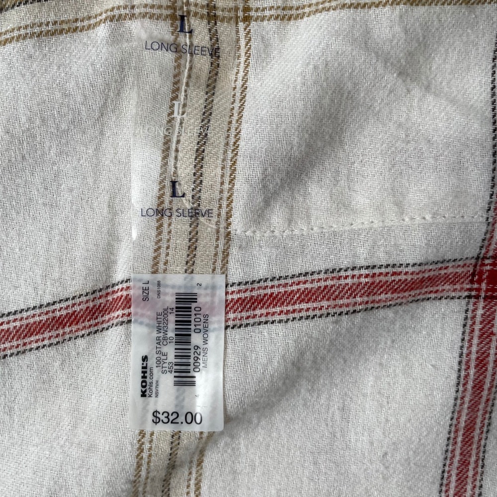 Croft and Barrow Flannel Mens Large Shirt NWT Cream Red Plaid Signature Classic - Picture 6 of 10